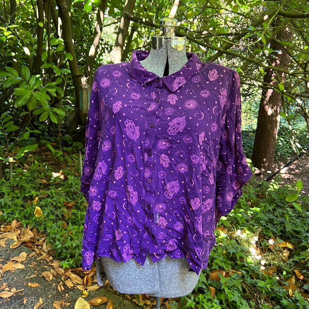 Witchy purple plus-size button-up camp shirt